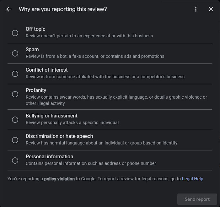 Screenshot: Flag Google review as inappropriate